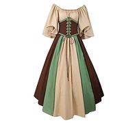 Damen Kleid Kurzarm Mittelalter Kleid Cosplay Dress Renaissance Kostüm One-Shoulder-Kleid Partykleid Mittelalter Kleidung Große Größen Khaki S