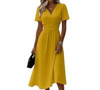 Damen Kleid Lang Elegant A Linien Sommerkleid Damen Leicht Und Luftig Kleider Midi Tailliert Wickelkleid V Ausschnitt Midikleid Kurzarm Damenkleider Sommer Festlich Sommerkleider Schwingen