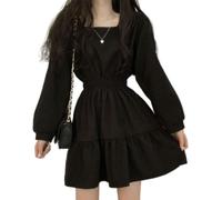 Damen-Kleid, langärmelig, Schwarz, quadratischer Kragen, A-Linie, süßes Vintage-Design, hohe Taille, Mini-Länge, weich, koreanisch, elegant, Schwarz, XL