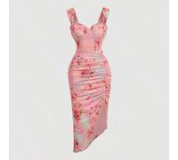 Damen Kleid mit Blume Muster, plissiert, asymmetrischer Saum, Schlitz, Pastellfarbene Kleider für Frauen