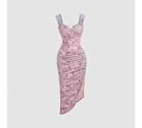 Damen Kleid mit Blume Muster, plissiert, asymmetrischer Saum, Schlitz, Pastellfarbene Kleider für Frauen