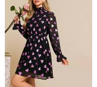 Damen Kleid mit hohem Kragen, Langarm, taillierend, herzförmige rosa & schwarze Rüschenärmel, A-Linie, elegant für Alltag, Date, Valentinstag, Herbst/