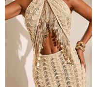 Damen-Kleid mit Neckholder, Cut-outs, Quasten, Pailletten und wellenförmigem Strickmuster