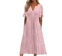 Damen Kleid mit Ösen, Pastellfarben, Sommerkleid, Boho-Stil, Knopfleiste, V-Ausschnitt, lockere Stickerei, Swing, kurze Ärmel, A-Linie, lässiges Outfit mit Taschen, für Strandurlaub, rose, L