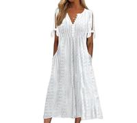 Damen Kleid mit Ösen, Pastellfarben, Sommerkleid, Boho-Stil, Knopfleiste, V-Ausschnitt, lockere Stickerei, Swing, kurze Ärmel, A-Linie, lässiges Outfit mit Taschen, für Strandurlaub, weiß, 3XL
