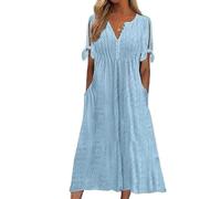 Damen Kleid mit Ösen, Pastellfarben, Sommerkleid, Boho-Stil, Knopfleiste, V-Ausschnitt, lockere Stickerei, Swing, kurze Ärmel, A-Linie, lässiges Outfit mit Taschen, für Strandurlaub, blau, L