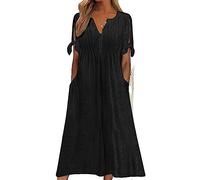 Damen Kleid mit Ösen, Pastellfarben, Sommerkleid, Boho-Stil, Knopfleiste, V-Ausschnitt, lockere Stickerei, Swing, kurze Ärmel, A-Linie, lässiges Outfit mit Taschen, für Strandurlaub, Schwarz , L