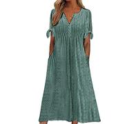 Damen Kleid mit Ösen, Pastellfarben, Sommerkleid, Boho-Stil, Knopfleiste, V-Ausschnitt, lockere Stickerei, Swing, kurze Ärmel, A-Linie, lässiges Outfit mit Taschen, für Strandurlaub, dunkelgrün, L