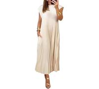 Damen-Kleid, plissiert, schlicht, einfarbig, plissiert, Maxikleid, Rundhalsausschnitt, lockeres Sommerkleid, langes Kleid, beige, X-Large