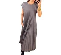 Damen-Kleid, plissiert, schlicht, einfarbig, plissiert, Maxikleid, Rundhalsausschnitt, lockeres Sommerkleid, langes Kleid, grau, XX-Large