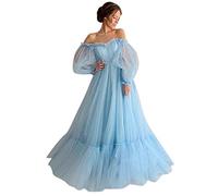 Damen Kleid Prinzessin Lang Abendkleid A-Linie Partykleid Brautjungfernkleider Ballkleid Einfarbig Mesh Langarm Brautkleid Schulterfrei Abschlusskleid Maxilangkleid