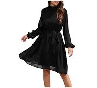 Damen Kleid Sexy Damen Kleidung Kostüm Damen Kleid Chiffon Einfarbig Knielang Kleid mit Gürtel Hohe Taille Tunika Abendkleid Swing A-Linie Kleid (Schwarz,S)