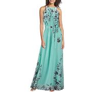 Damen Kleid Sommer Elegant Blumen Cocktailkleid Lang Neckholder Sommerkleid Ärmellos Partykleid mit Gürtel Sommerkleider Damen Leicht Und Luftig Kleider Frauen A Linie Maxi Abschlusskleider
