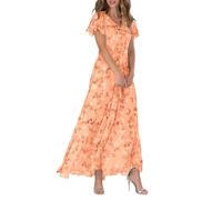 Damen Kleid Sommer Elegant Blumen Sommerkleid Lang V Ausschnitt Cocktailkleid Chiffon Sommerkleider Damen Leicht Und Luftig Partykleid Lange Schwingen Kleider A Linie Maxi Blumenkleid Luftige