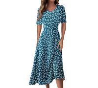 Damen Kleid Sommer Midi A Linie Sommerkleid Elegant Blumen Midikleid V Ausschnitt Sommerkleider Damen Leicht Und Luftig Kleider Kurzarm Blumenkleid Casual Strandkleid Luftige Freizeitkleid