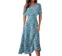 Damen Kleid Sommer Midi A Linie Sommerkleid Elegant Blumen Midikleid V Ausschnitt Sommerkleider Damen Leicht Und Luftig Kleider Kurzarm Blumenkleid Casual Strandkleid Luftige Freizeitkleid