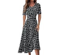 Damen Kleid Sommer Midi A Linie Sommerkleid Elegant Blumen Midikleid V Ausschnitt Sommerkleider Frauen Leicht Luftig Kleider Kurzarm Blumenkleid Geblümt Strandkleid Luftige Freizeitkleid