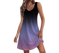 Damen Kleid Sommer, Sommerkleider Lang Tunikakleid Damen Kurz Musterdruck Ärmelloser Sommerkleid V-Ausschnitt Lässig Blusenkleid Mit Taschen Kleid Sommer Kurz Kleider Hochzeitsgast (Dark Purple,XXL)