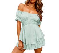 Damen Kleid Sommerkleider Freizeitkleid Minikleid Piratenkleid Langarm Puffärmeln Chiffon Tunika Rüschenkleid Swing Kleid Lässige Casual Strandkleid Partykleid für Frauen (F-blau, XL)