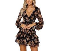 Damen Kleid V-Ausschnitt Langarm Wrap Mini Dress mit Blumenmuster Elegant Wickeloptik Dress Transparente Chiffon Kleider Frauen Modische Knielang Midikleid Casual Lässiges Luftiges Kleider