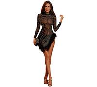 Damen Kleid Wetlook Minikleid Kleid Bleistift Mini Pole Dance Kostüm Casual Langarm Abend Cocktail Sexy Kleid,Black,S(Bust:69CM)