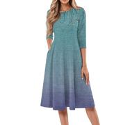 Damen Kleider 3/4 Ärmel Sommerkleid Knielang Freizeitkleider Leicht Strandkleid A-Linien Boho Kleid Casual Drucken Hawaiikleidung Midikleid mit Tasche Dress Only Maxikleid(#E Sky Blue,XL)