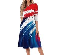 Damen Kleider 3/4 Ärmel Sommerkleid Knielang Freizeitkleider Leicht Strandkleid A-Linien Boho Kleid Casual Drucken Hawaiikleidung Midikleid mit Tasche Dress Elegantes Kleid Festlich(#D Blue,XL)