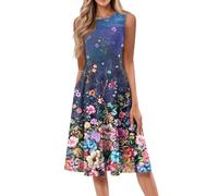 Damen Kleider Ärmellose Sommerkleid Elegante Knielang Freizeitkleider Luftig Strandkleid Rundhalsausschnitt A Linie Boho Kleid Lässig Urlaubskleid Blumenmuster Hawaiikleid Dress(#B Multicolor,3XL)