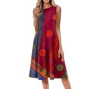 Damen Kleider Ärmellose Sommerkleid Elegante Knielang Freizeitkleider Luftig Strandkleid Rundhalsausschnitt A Linie Boho Kleid Lässig Urlaubskleid Blumenmuster Hawaiikleid Dress(#C Deep Red,XL)