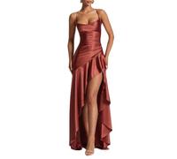 Damen Kleider Ärmelloses Langes Kleid Enges Abendkleider Elegant Lange Ballkleider A-Linie Hochzeitskleid für Festlich Hochzeit Cocktail Party Prom,Braun-Rot,M