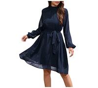 Damen Kleider Blumen Pullover Lang Kurzes Schwarzes Kleid Chiffon Einfarbig Knielang mit Gürtel Hohe Taille Tunika Abendkleid Swing A-Linie(Dunkelblau,M)