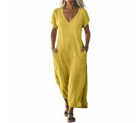 Damen Kleider,Dresses for Women Abendkleider Elegant Für Hochzeit Kleider Kurzarm Strandkleid Maxikleid V Ausschnitt Midikleid Sommerkleider Loose Luftig Wickelkleid Freizeitkleid Mit Tasche(Gelb,XL)