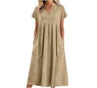 Damen Kleider,Dresses For Women Rockabilly Kleider Einfarbige Henley-V-Ausschnitt Kurzarm Strandkleid Freizeitkleid Leicht Und Luftig Sommerkleider Partykleid Mit Taschen Locker Wickelkleid(Khaki,M)