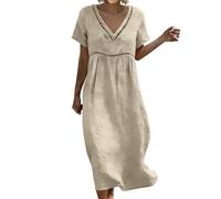 Damen Kleider Elegant,Boho Elegant 3/4 Arm Maxikleid Baumwolle Leinen Kleid Damen Sommer Freizeitkleid Bohemian Sommerkleider Leicht Und Luftig Leinenkleid Strandkleid A-Linie Blusenkleid(02##Beige,S)