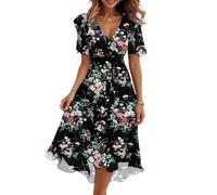 Damen Kleider Elegant Festlich Blumen Sommerkleid Damen Lang A Linie mit Gürtel Blumenkleid Midi V Ausschnitt Kleid Hochzeitsgast Geblümt Midikleid Hochzeit Sommerkleider Leicht und Luftig