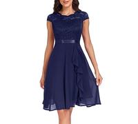 Damen Kleider elegant,Festliche Hochzeitsgast Kleid Damen Elegant Kurzarm Abendkleider Spitze Rüschen Cocktailkleid Für Hochzeit Abschlusskleid Chiffonkleid,Blau,L