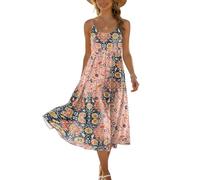 Damen Kleider Elegant Kleider Damen Sommer Freizeitkleid Blumenmuster Midikleid A Linie Schickes Tank Kleid Ärmelloses Festlich Hängerchen mit Taschen Alltag XXL C Pink