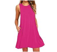 Damen Kleider Elegant Kurzer Shirtkleid Ärmellos Lässiges Sommerkleid Knielang Minikleid Baumwolle Einfarbig Strandkleid Bequem Leicht Freizeitkleid mit Taschen T-Shirt A Linie Kleid