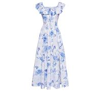 Damen Kleider Elegant Rüschen Schulterfrei Boho A-Linie Schlitz Maxikleid Sommer mit Taschen CL0213-01/Lila Blau M