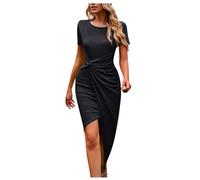 Damen Kleider Elegant Sommerkleid A Linie Wickelkleid Plissee Kleid Frauen Kurzarm Strickkleid Slim Einfarbig Sommerkleider Leicht Und Luftig Gestricktes Strandkleid Wickeloptik Asymmetrisch