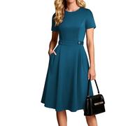 Damen Kleider Elegante, A-Linie Rundhals Kuzarm Kleid Damen mit Tasche, Business Festliche Kleider Rockabilly Blaugrün M