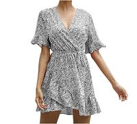 Damen Kleider Geschenke für Frauen Plus Größe Elegant Strand Kleider mit Taschen Boho Sommerkleid Blumen Kurzarm Retro Knielang Strandkleid Hochzeit Wickel Kleid Mini Ballkleider Festliche Kleid