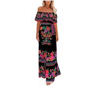 Damen Kleider Kariert Elegant Maxikleider Kurzarm Off Shoulder Freizeitkleid Mexikanisches Kleid Lose Sommerkleid A# Black,S