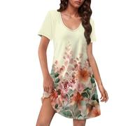 Damen Kleider Kurze Ärmel Sommerkleid Elegante Lang Freizeitkleider Leicht Strandkleid A Linie Boho Kleid Lässig Urlaubskleid Blumen Hawaiikleidung Minikleid er Dress Kleid Schick(#B Beige,S)
