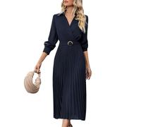 Damen Kleider Lang Elegant Langarm Faltenkleid A Linie Kleid V Ausschnitt Maxikleider Frauen mit Gürtel Maxi Hemdkleid Einfarbig Herbstkleid Festlich Plisseekleid Business Wickelkleid Party