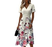 Damen Kleider Lang Tailliert Curvy Sommerkleid Leicht A Linie Midikleid Elegant Festlich Sommer Kleid V Ausschnitt Hohe Taille Damen Sommerkleider Luftig Kurzarm Strandkleid Midi