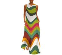 Damen Kleider, Retro-Wellenstreifen Lang Maxikleid, 70er Jahre Stil Freizeit Lockeres Sommerkleid, Ärmellos Strandkleid Bodenlanger Rock mit Taschen, Salbeigrün
