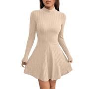 Damen Kleider Sale Sommerkleider Damen Kurz Women's Fall Short Dress Ribbed Knit Crewneck Long Sleeve A Line Flowy Casual Elegant Cute Going Out Dresses Rolli Kleid Damen Sale Kleid Damen