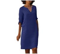 Damen Kleider Sexy Festliche Kleider Damen Festliches Knielang Damen V-Ausschnitt Kurzarm Leinenkleider Knielang Einfarbig Baumwolle Leinen Blusenkleid LäSsige Tunika Bluse Boho Kleid A-Linie Elegant