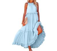 Damen Kleider Sleeveless Sommerkleid mit Rüschen Elegant Lang Freizeitkleider Leicht und Luftig Strandkleid Rundhals a Linien Boho Kleid Hawaiikleid Maxikleid Dress Kleid Baumwolle(#A Sky Blue,XXL)